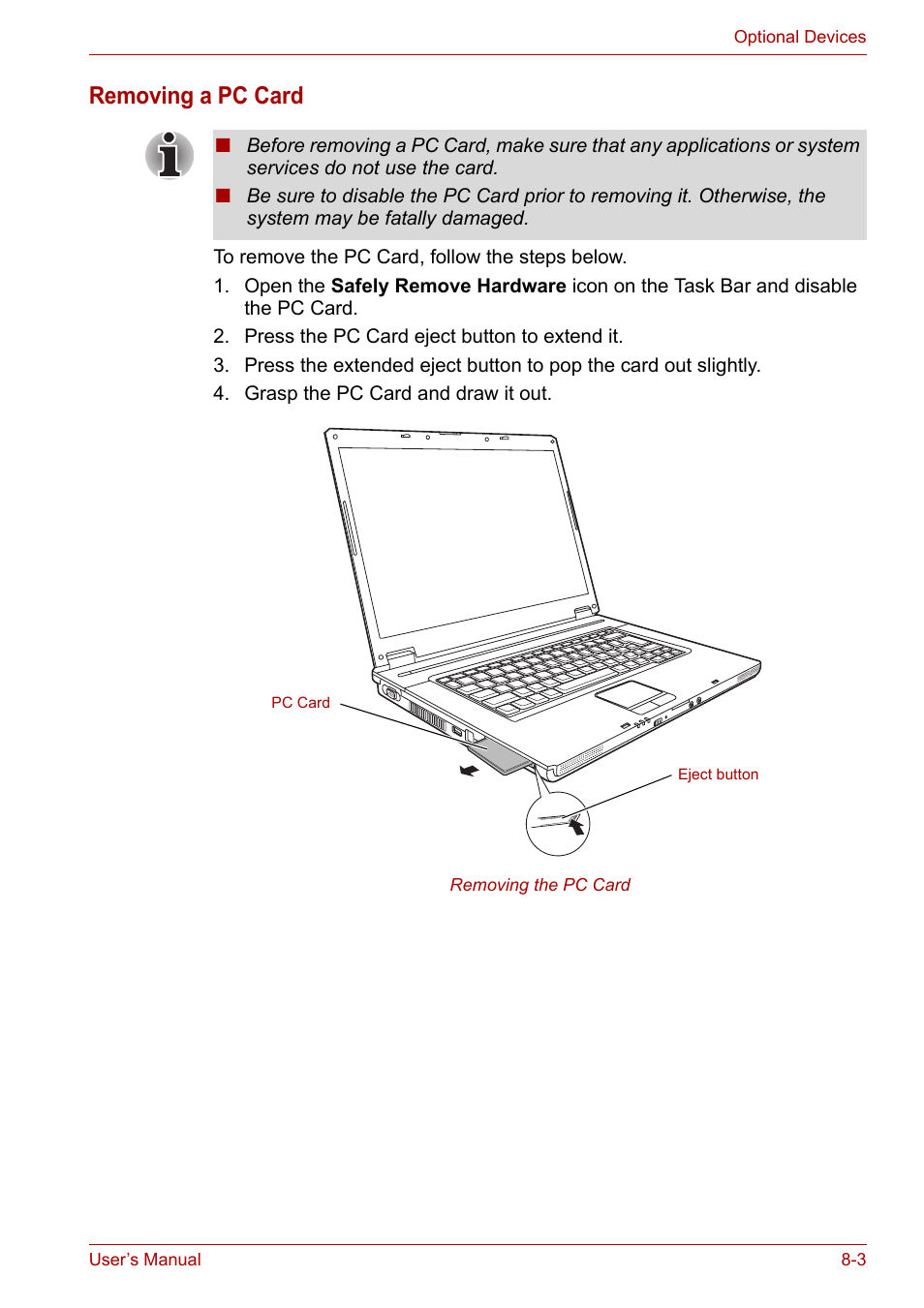 Removing a pc card | Toshiba Satellite L30 (PSL30) User Manual | Page 98 / 150
