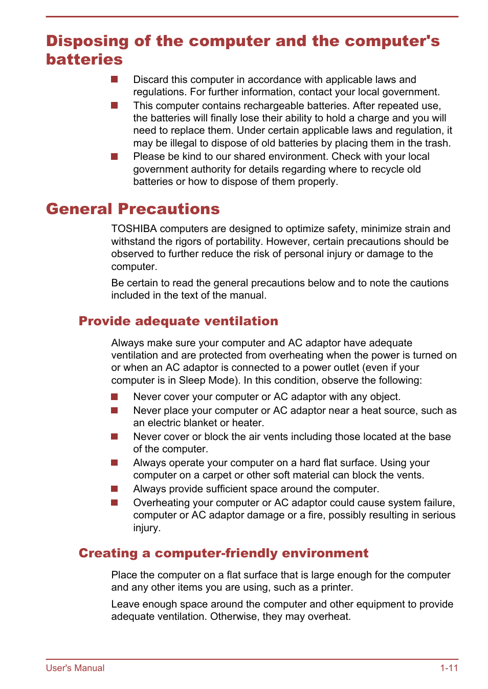 General precautions, Provide adequate ventilation, Creating a computer-friendly environment | Toshiba Satellite U940-B User Manual | Page 15 / 120