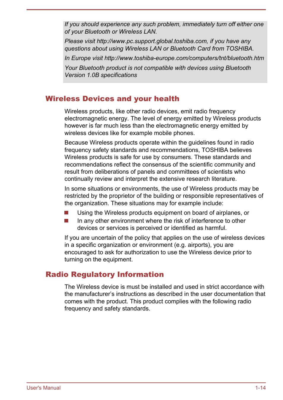 Wireless devices and your health, Radio regulatory information | Toshiba Satellite U940-B User Manual | Page 18 / 120