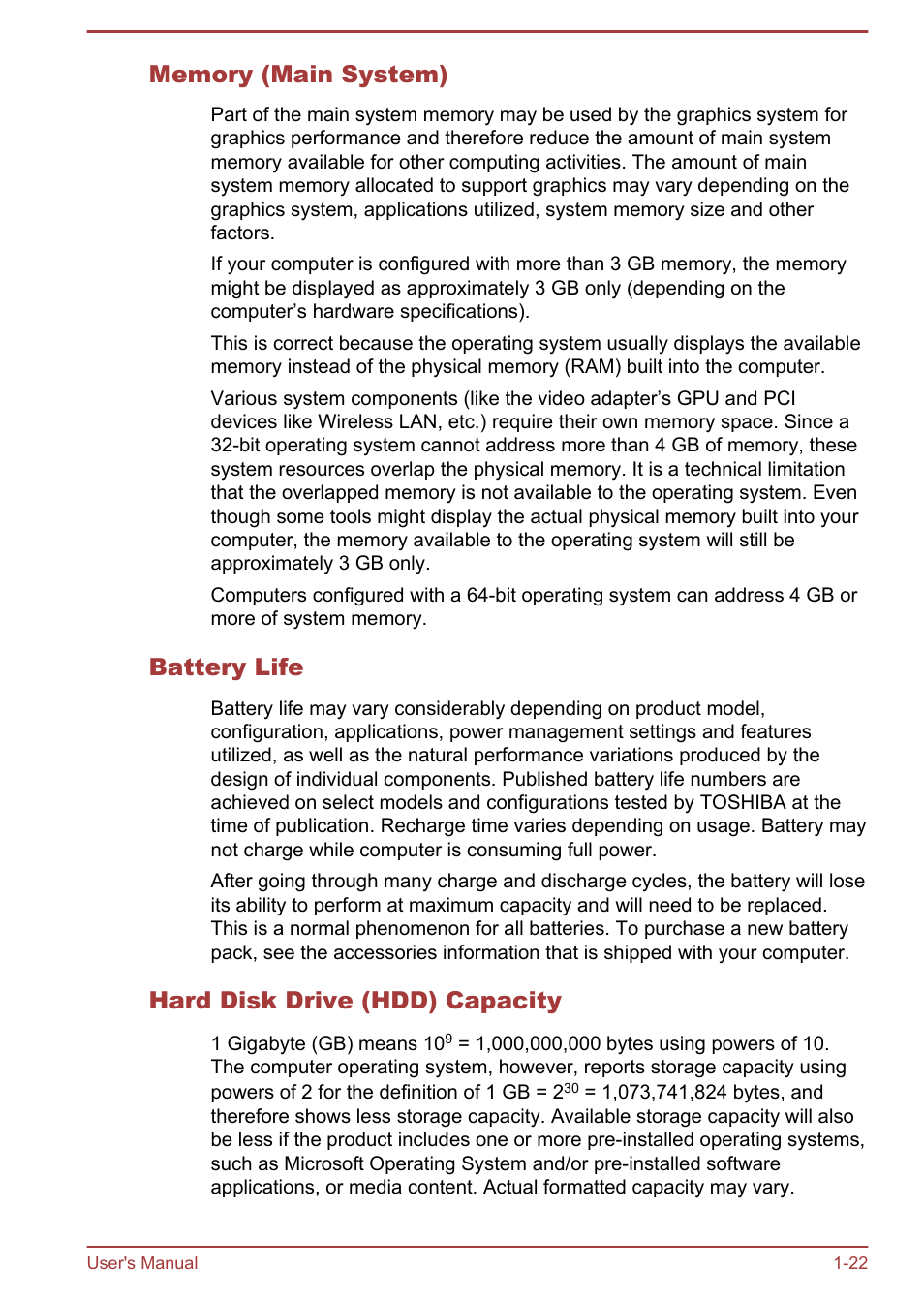 Memory (main system), Battery life, Hard disk drive (hdd) capacity | Toshiba Satellite U940-B User Manual | Page 26 / 120