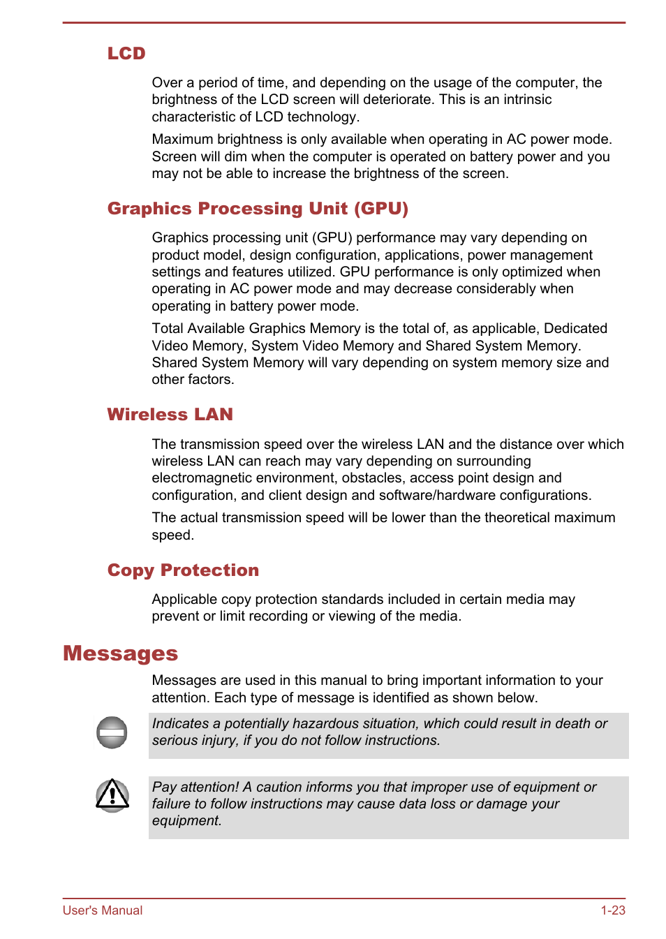 Graphics processing unit (gpu), Wireless lan, Copy protection | Messages, Messages -23 | Toshiba Satellite U940-B User Manual | Page 27 / 120