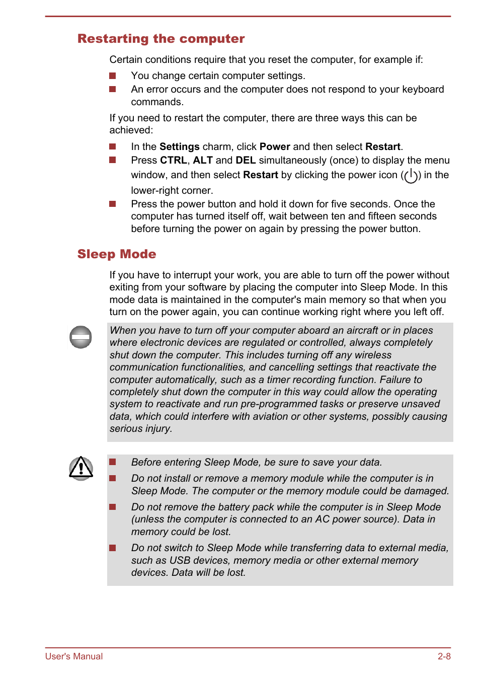 Restarting the computer, Sleep mode | Toshiba Satellite U940-B User Manual | Page 36 / 120