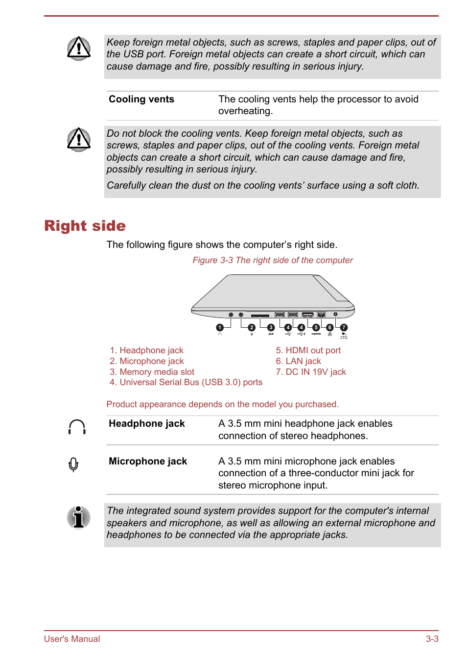 Right side, Right side -3 | Toshiba Satellite U940-B User Manual | Page 42 / 120