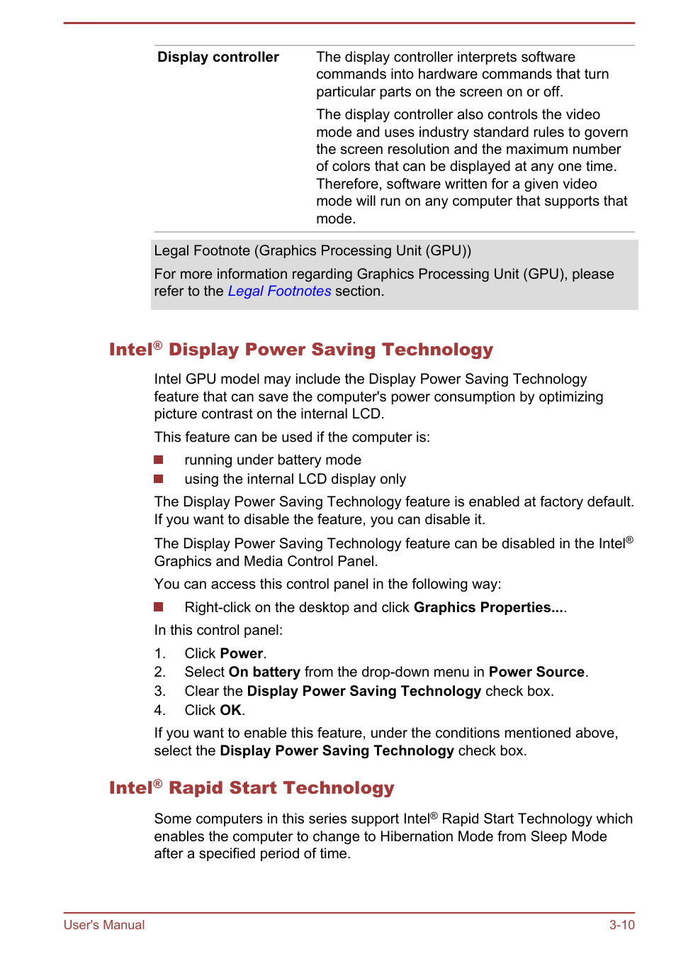 Intel® display power saving technology, Intel® rapid start technology, Intel | Display power saving technology, Rapid start technology | Toshiba Satellite U940-B User Manual | Page 49 / 120