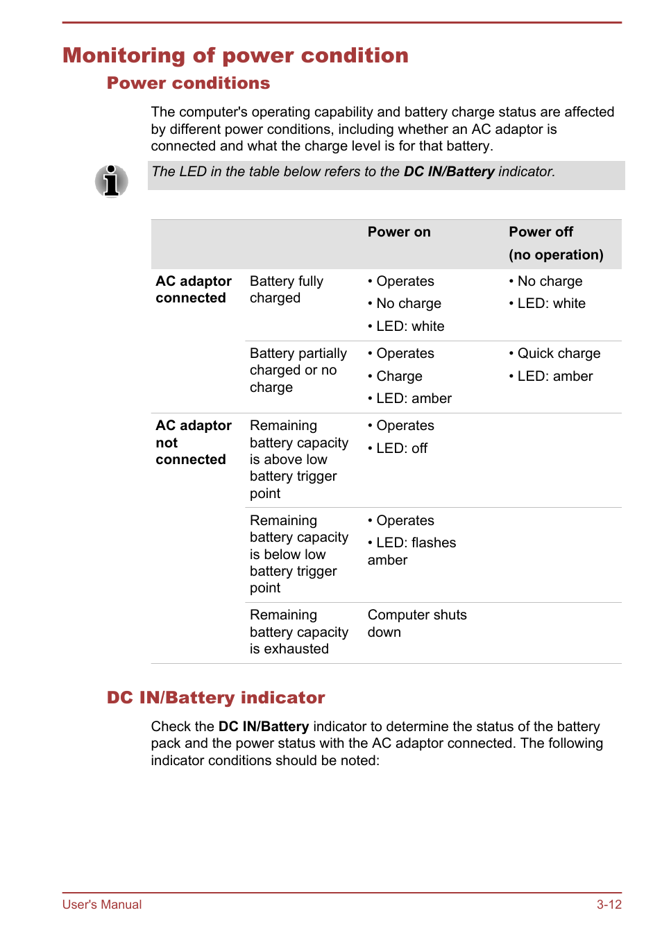 Monitoring of power condition, Power conditions, Dc in/battery indicator | Monitoring of power condition -12 | Toshiba Satellite U940-B User Manual | Page 51 / 120