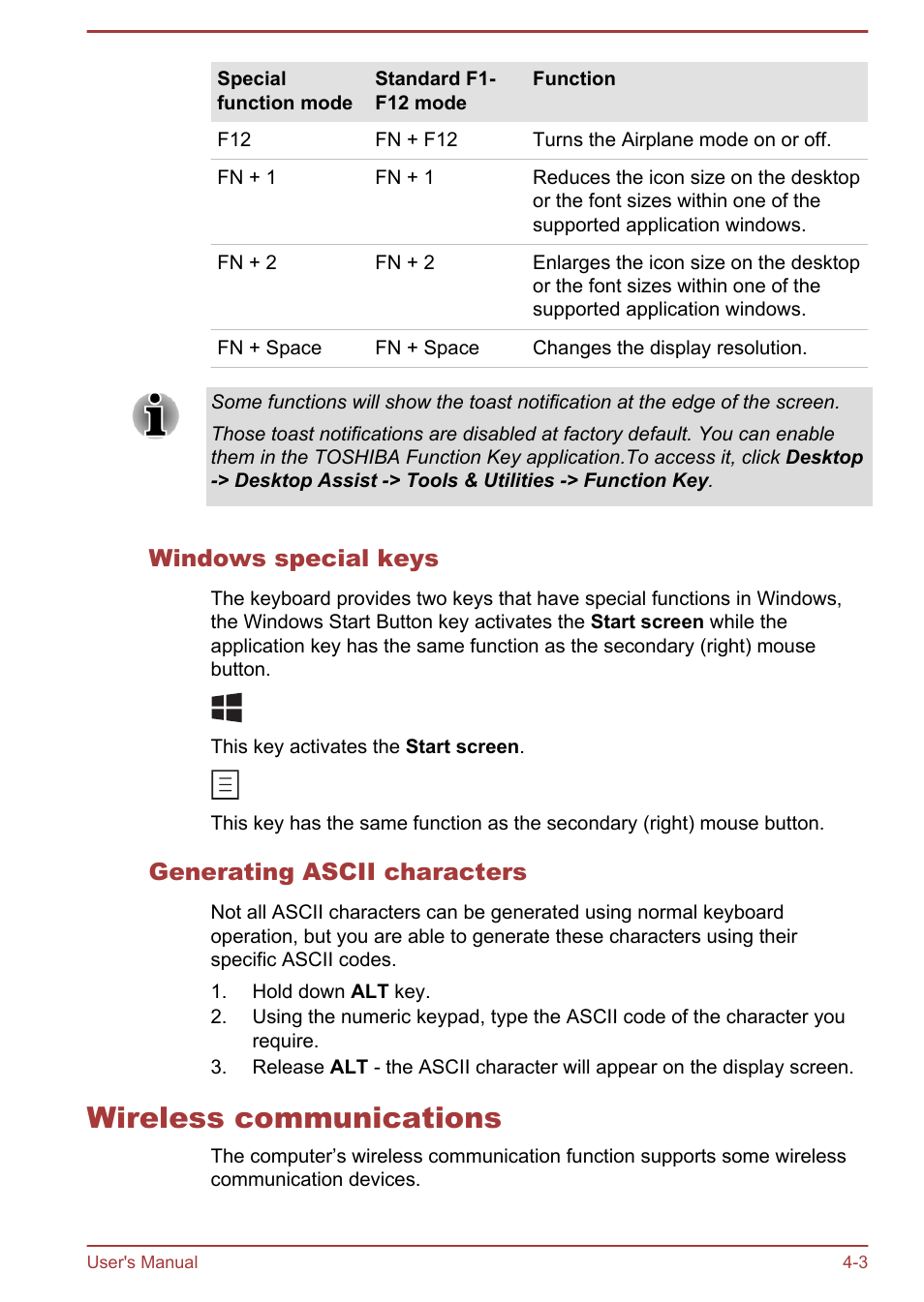 Windows special keys, Generating ascii characters, Wireless communications | Wireless communications -3 | Toshiba Satellite U940-B User Manual | Page 57 / 120