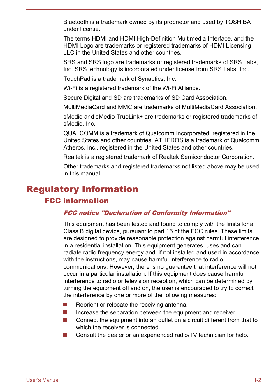 Regulatory information, Fcc information, Regulatory information -2 | Toshiba Satellite U940-B User Manual | Page 6 / 120