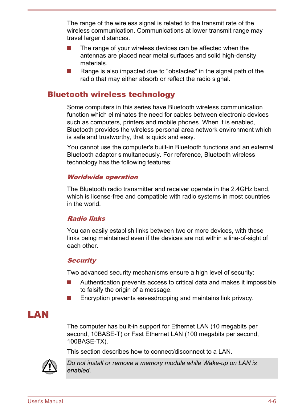 Bluetooth wireless technology, Lan -6 | Toshiba Satellite U940-B User Manual | Page 60 / 120