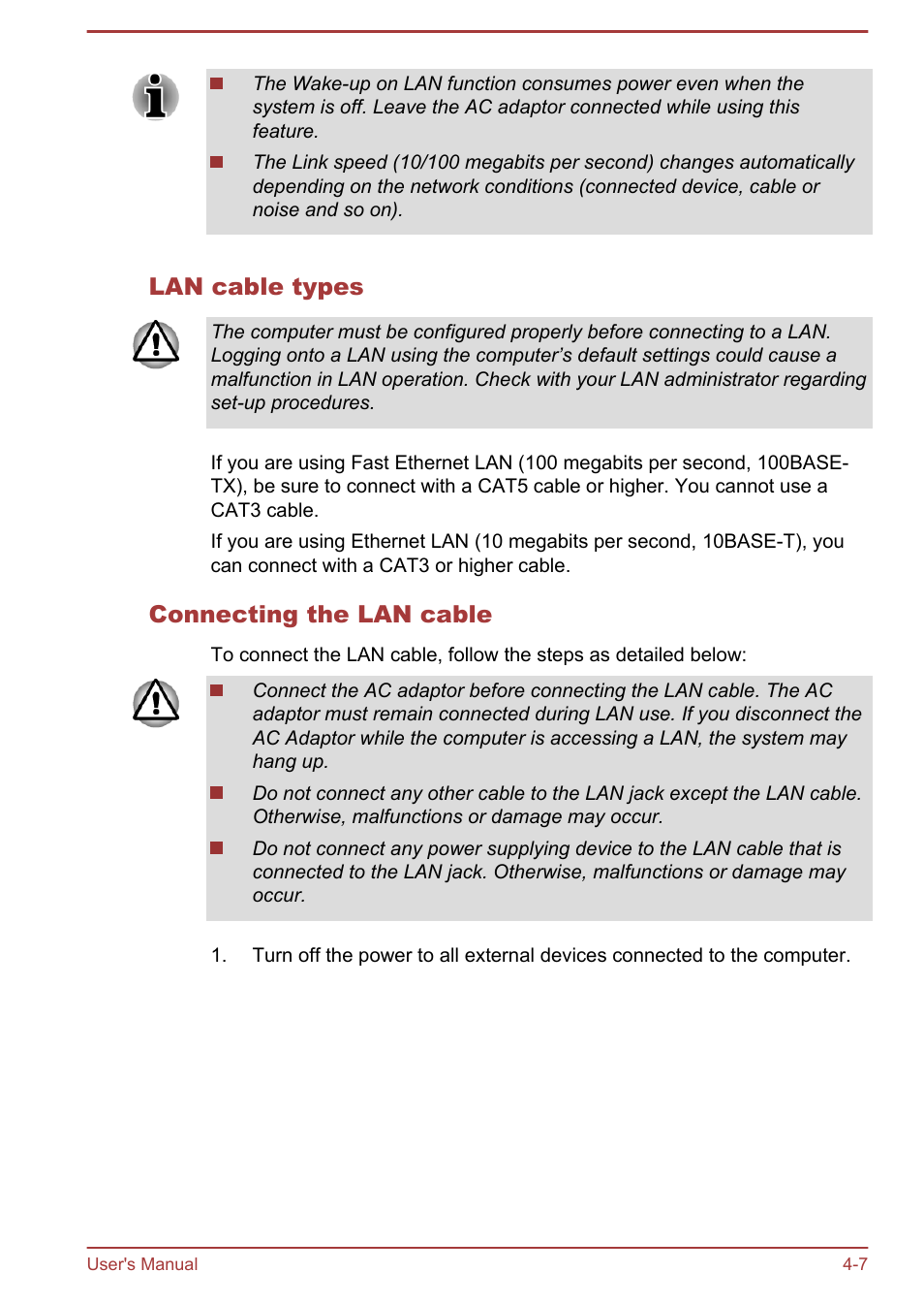 Lan cable types, Connecting the lan cable | Toshiba Satellite U940-B User Manual | Page 61 / 120