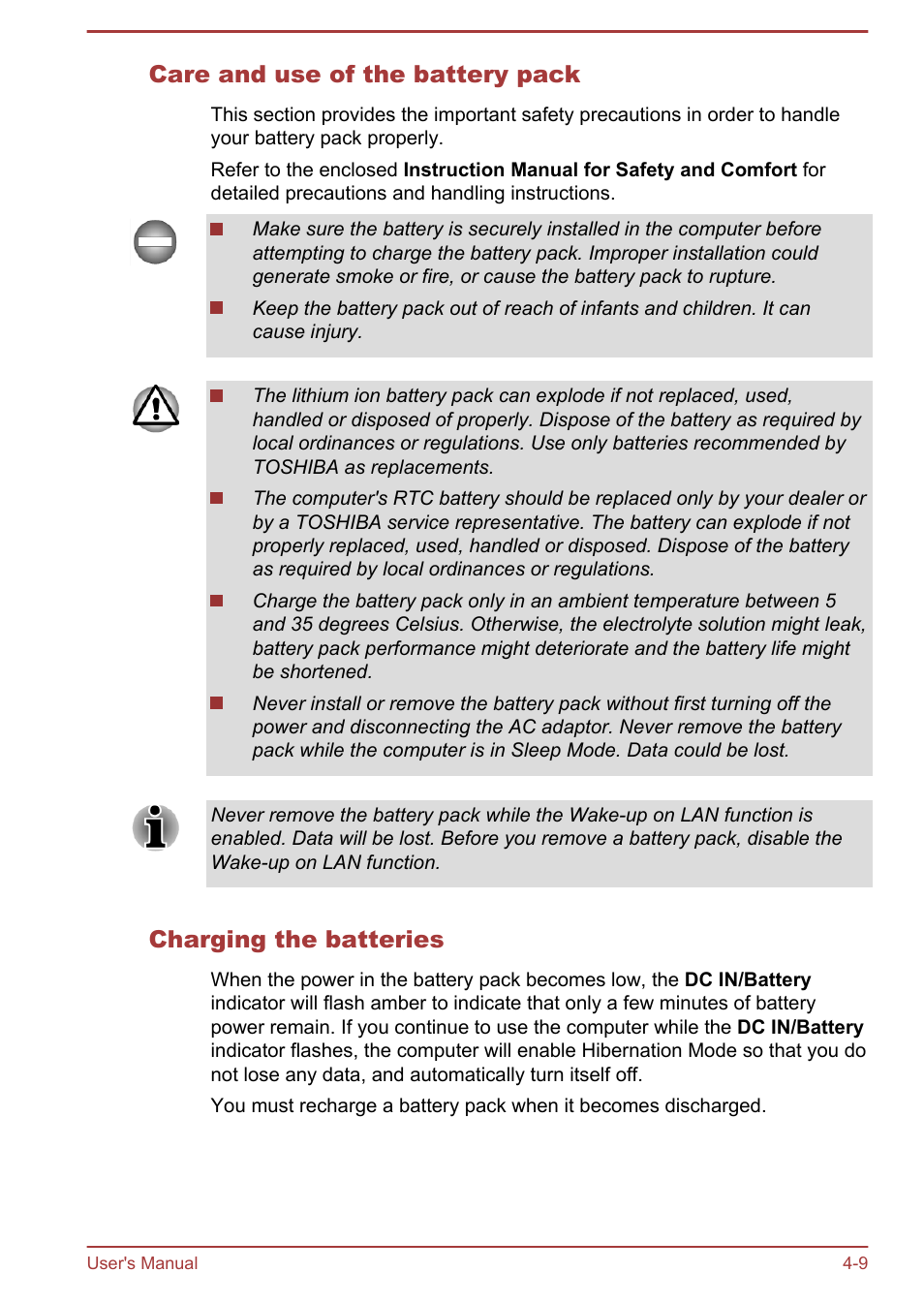 Care and use of the battery pack, Charging the batteries | Toshiba Satellite U940-B User Manual | Page 63 / 120