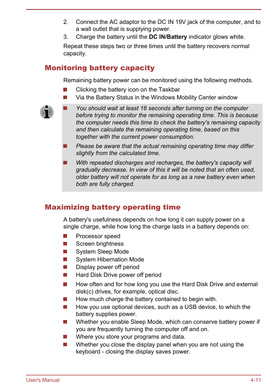 Monitoring battery capacity, Maximizing battery operating time | Toshiba Satellite U940-B User Manual | Page 65 / 120