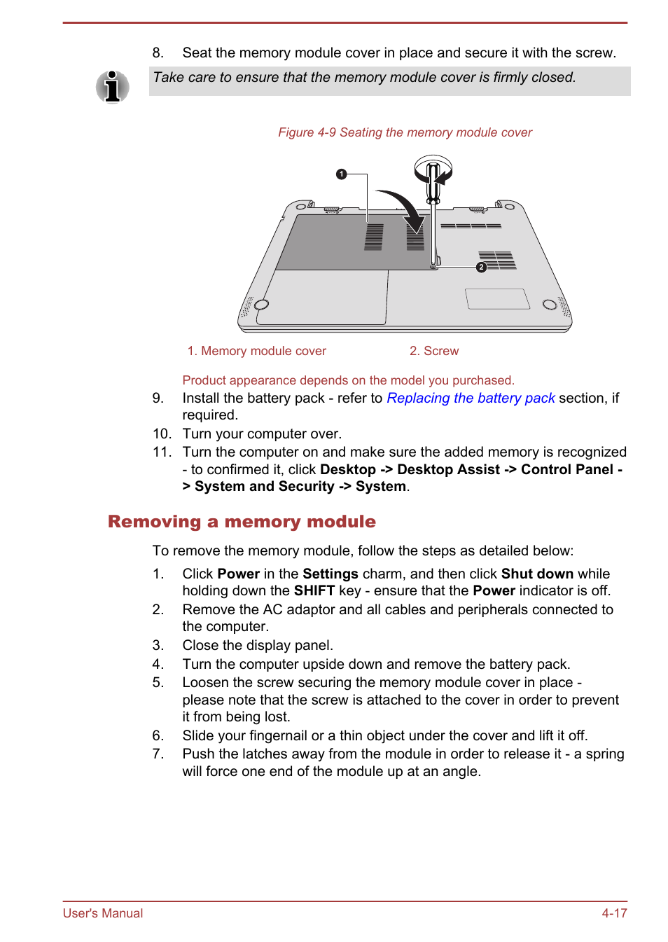 Removing a memory module | Toshiba Satellite U940-B User Manual | Page 71 / 120