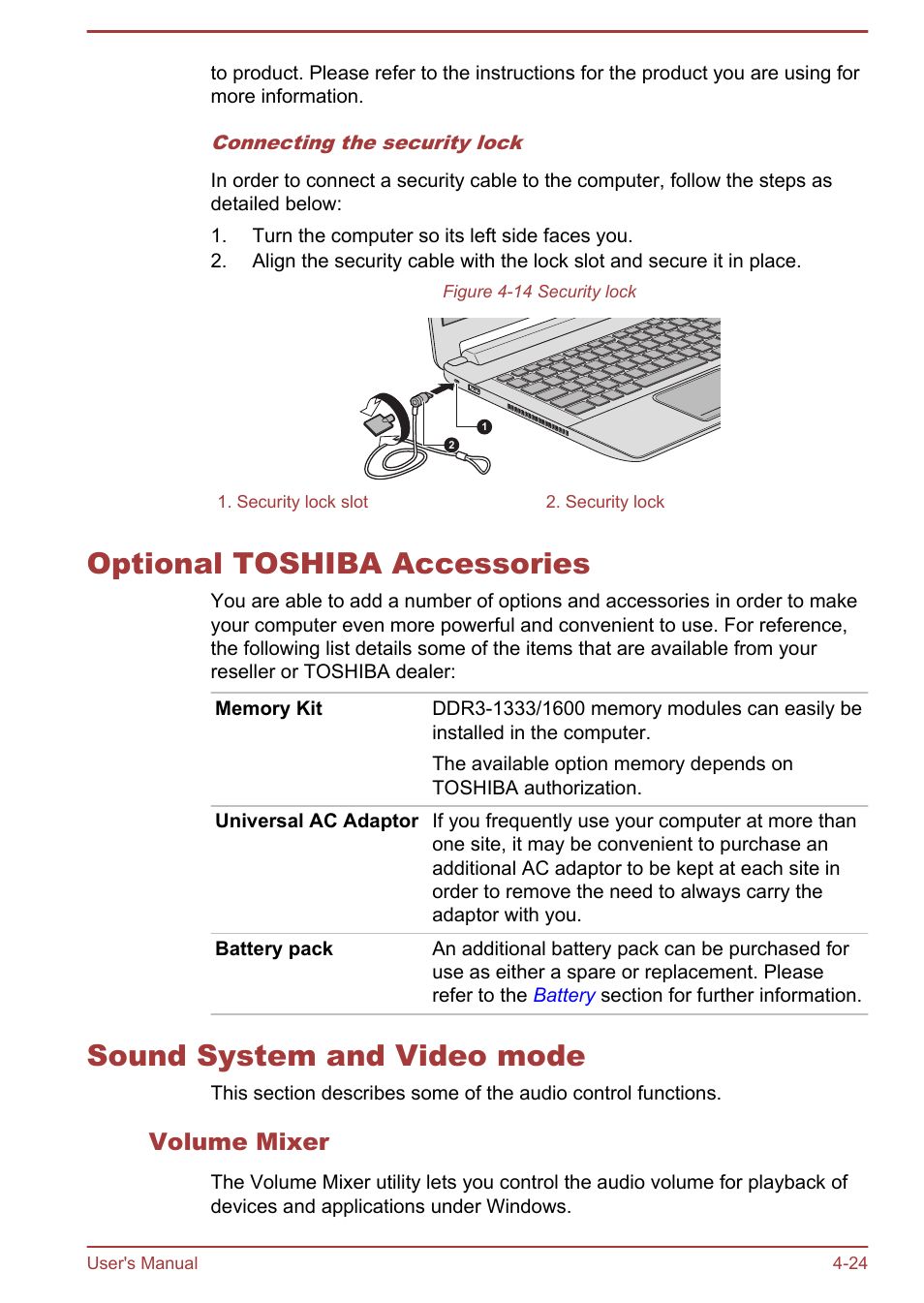 Optional toshiba accessories, Sound system and video mode, Volume mixer | To the | Toshiba Satellite U940-B User Manual | Page 78 / 120