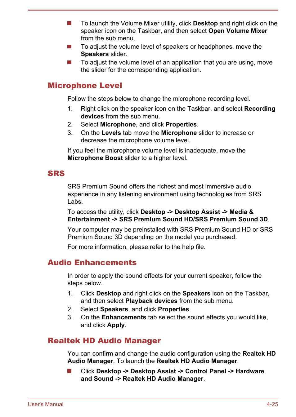 Microphone level, Audio enhancements, Realtek hd audio manager | Toshiba Satellite U940-B User Manual | Page 79 / 120