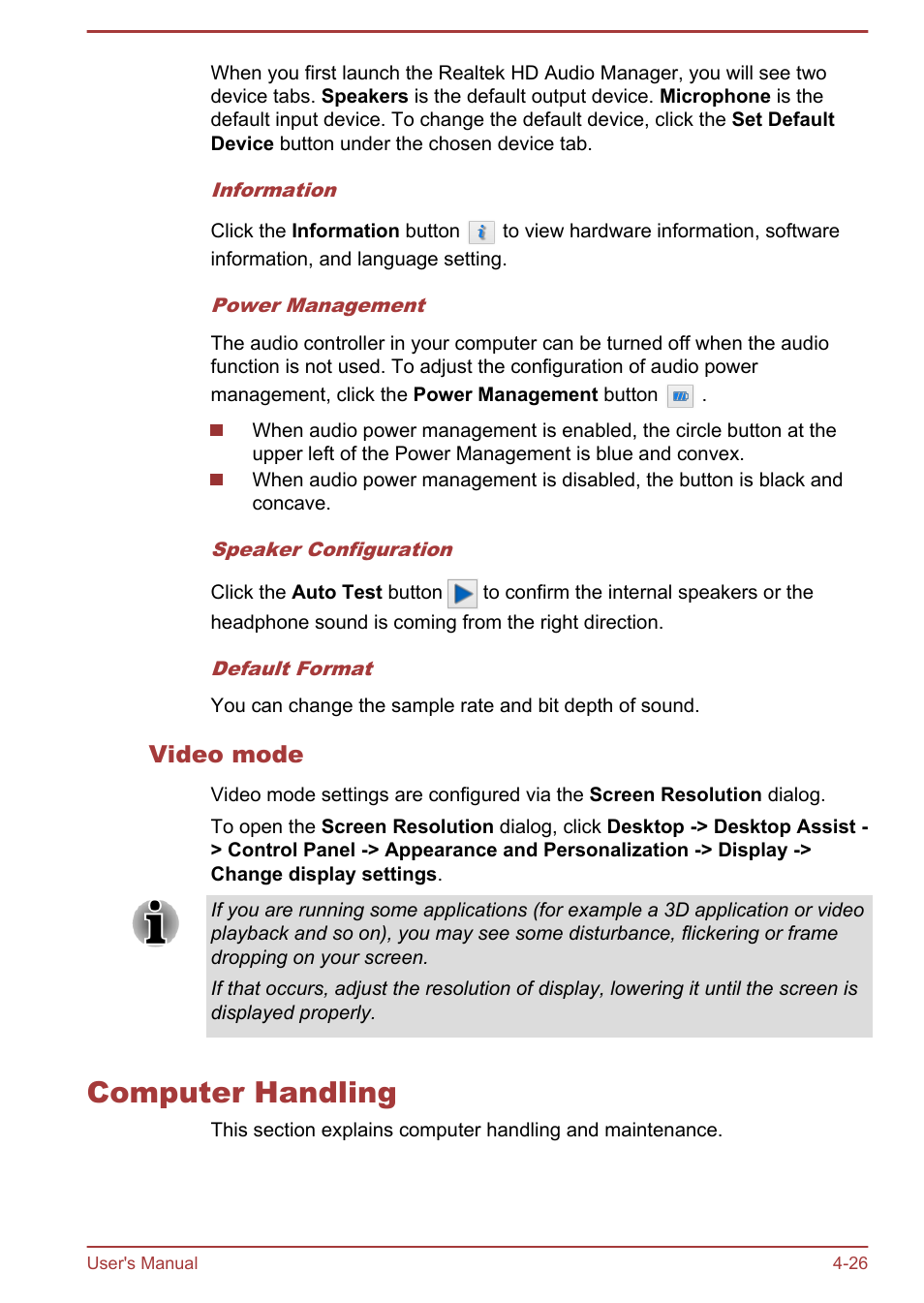 Video mode, Computer handling, Computer handling -26 | Toshiba Satellite U940-B User Manual | Page 80 / 120