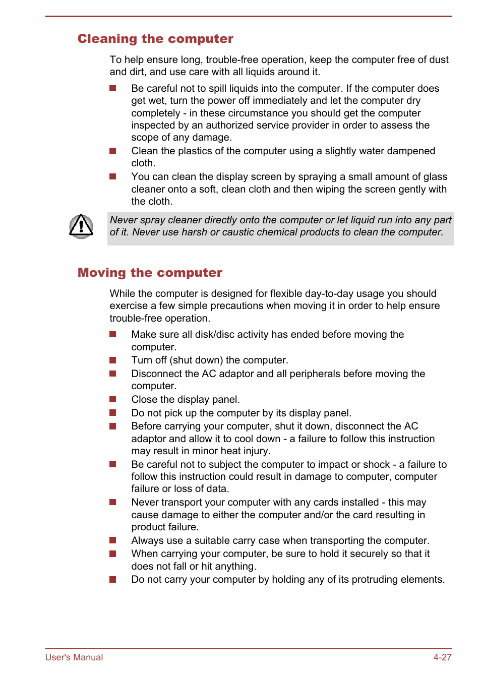 Cleaning the computer, Moving the computer | Toshiba Satellite U940-B User Manual | Page 81 / 120