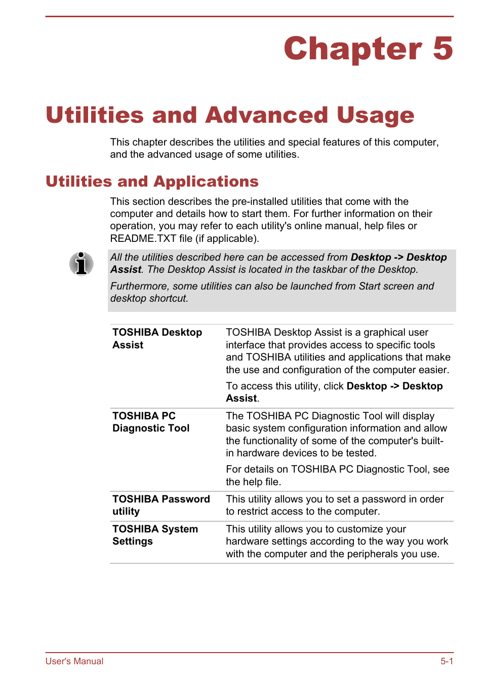 Chapter 5 utilities and advanced usage, Utilities and applications, Chapter 5 | Utilities and advanced usage, Utilities and applications -1 | Toshiba Satellite U940-B User Manual | Page 83 / 120