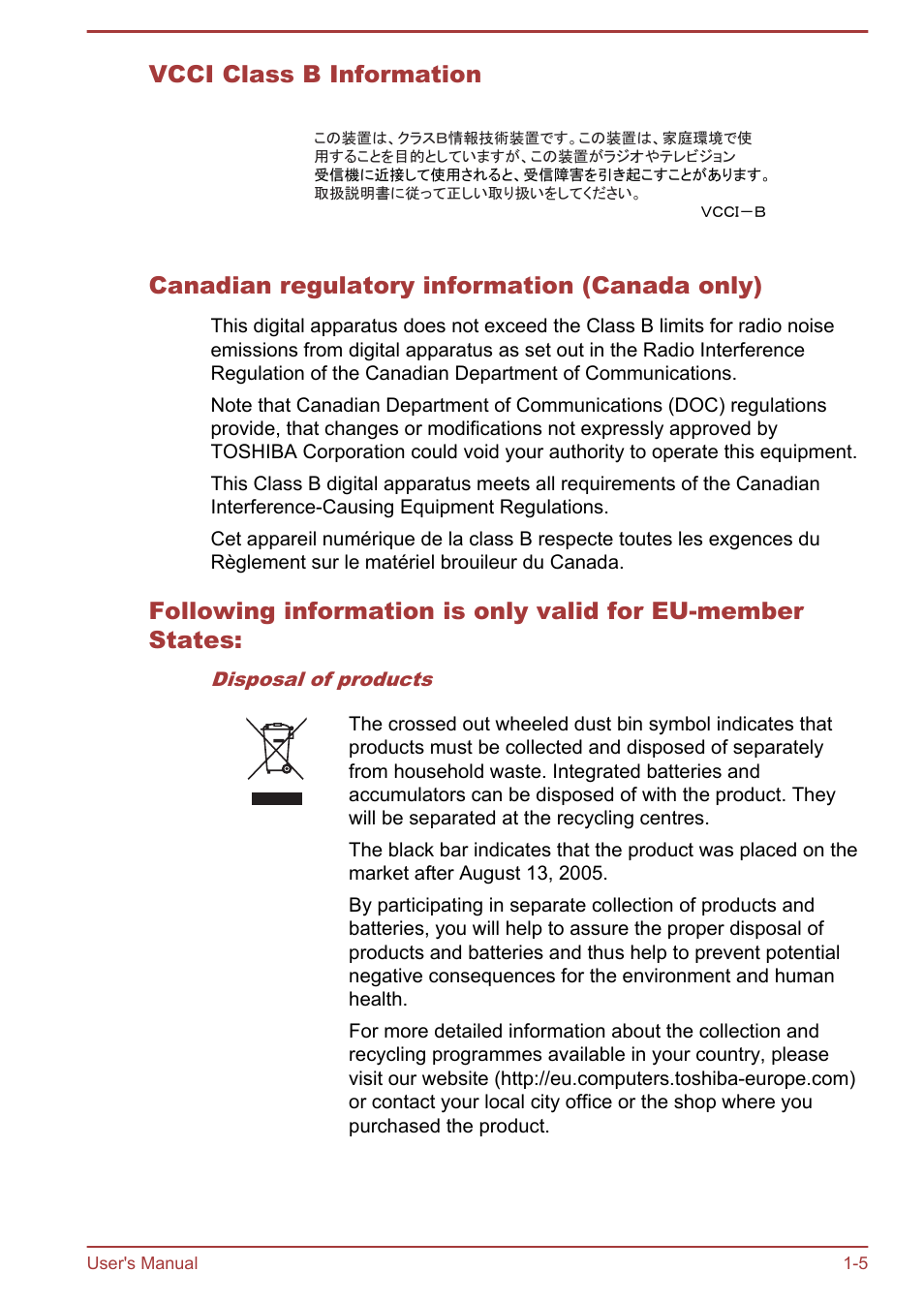 Vcci class b information, Canadian regulatory information (canada only) | Toshiba Satellite U940-B User Manual | Page 9 / 120