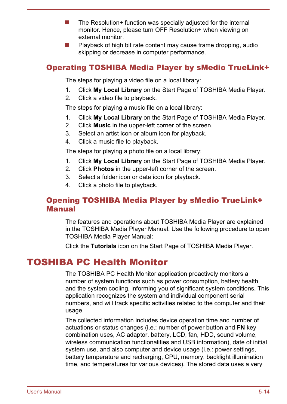 Operating toshiba media player by smedio truelink, Toshiba pc health monitor, Toshiba pc health monitor -14 | Toshiba Satellite U940-B User Manual | Page 96 / 120