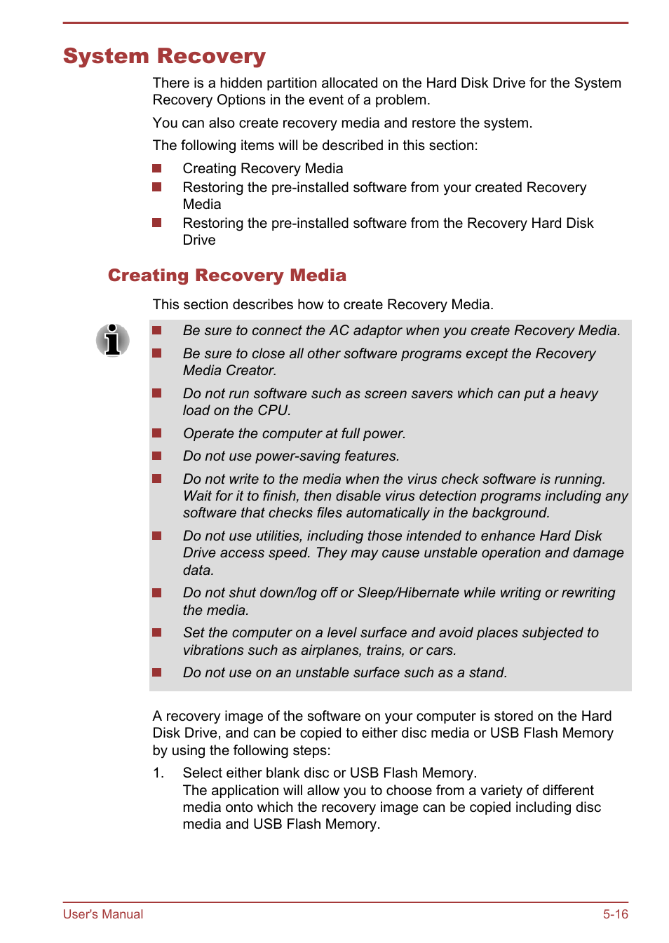 System recovery, Creating recovery media, System recovery -16 | Toshiba Satellite U940-B User Manual | Page 98 / 120