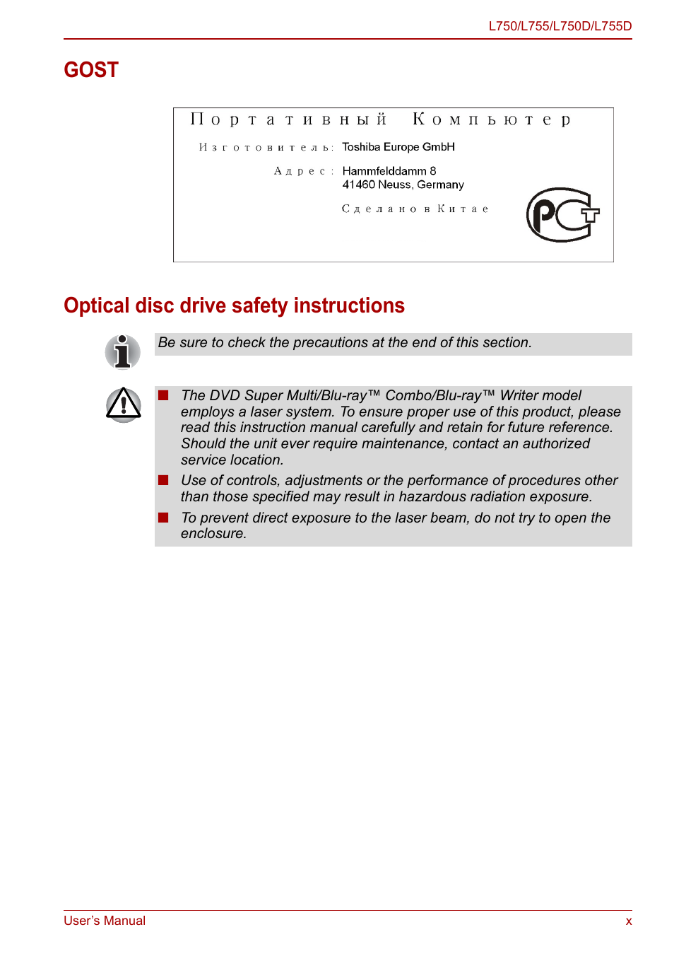 Gost optical disc drive safety instructions | Toshiba Satellite L750D User Manual | Page 10 / 179