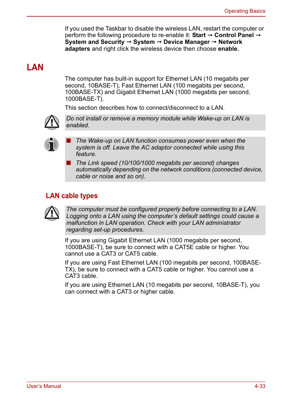 Lan -33, Lan cable types | Toshiba Satellite L750D User Manual | Page 103 / 179