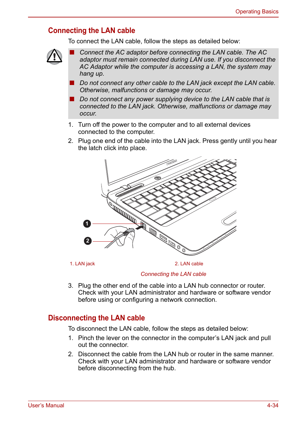 Connecting the lan cable, Disconnecting the lan cable | Toshiba Satellite L750D User Manual | Page 104 / 179