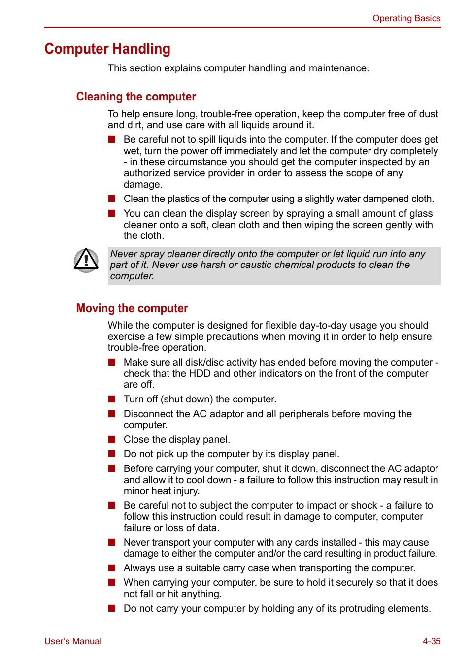 Computer handling, Computer handling -35, Cleaning the computer | Moving the computer | Toshiba Satellite L750D User Manual | Page 105 / 179