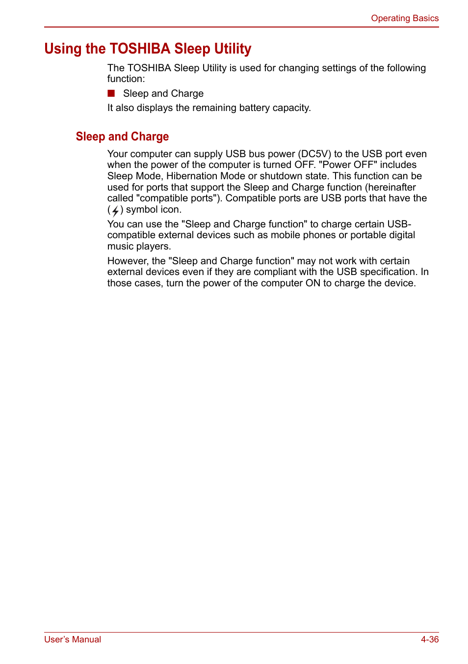 Using the toshiba sleep utility, Using the toshiba sleep utility -36, Section in | Sleep and charge | Toshiba Satellite L750D User Manual | Page 106 / 179