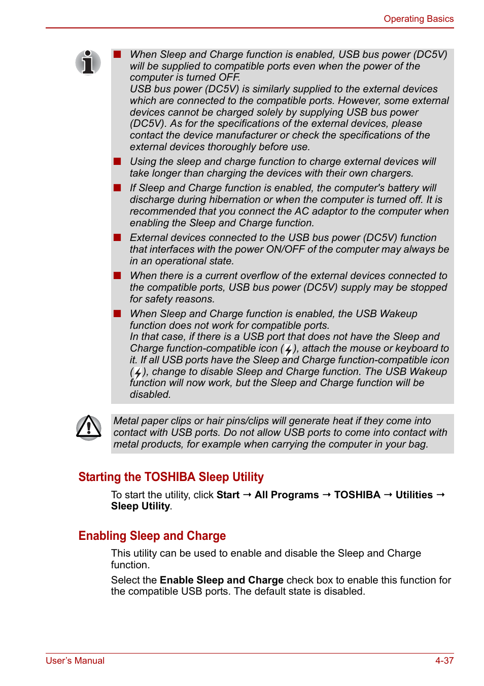 Starting the toshiba sleep utility, Enabling sleep and charge | Toshiba Satellite L750D User Manual | Page 107 / 179