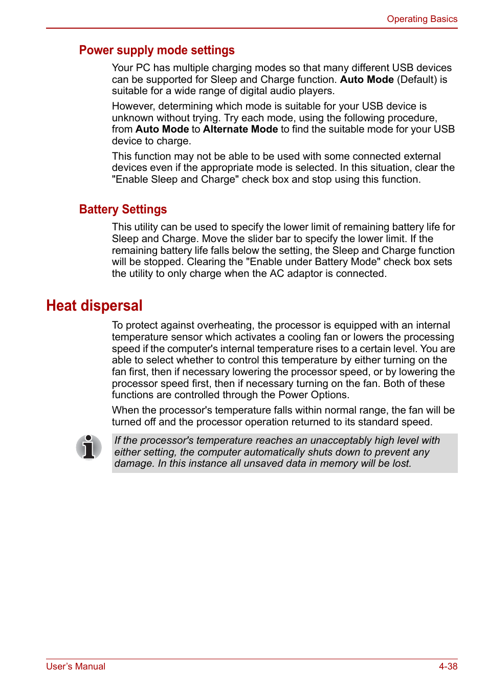 Heat dispersal, Heat dispersal -38, Power supply mode settings | Battery settings | Toshiba Satellite L750D User Manual | Page 108 / 179