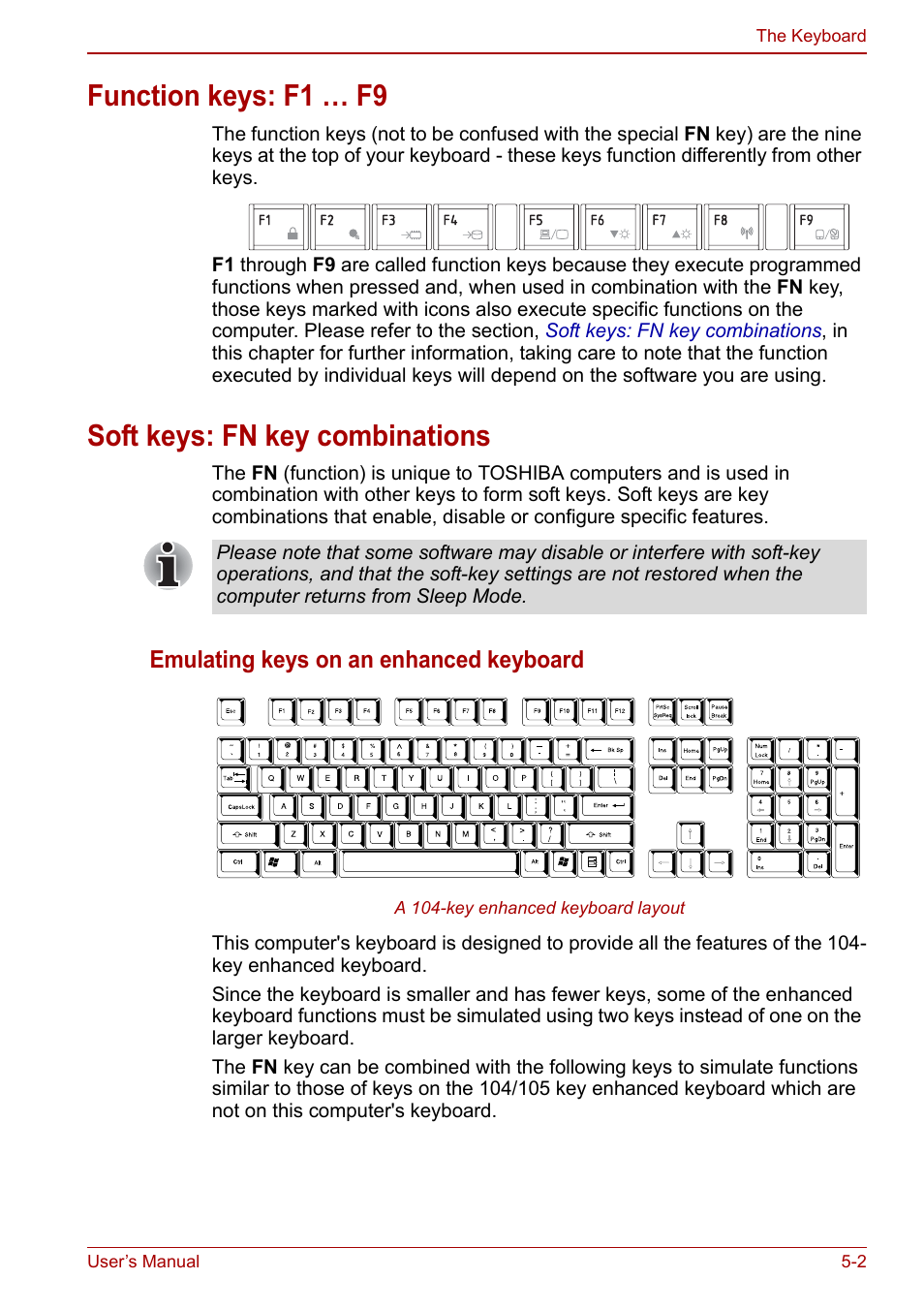 Function keys: f1 … f9, Soft keys: fn key combinations, Emulating keys on an enhanced keyboard | Toshiba Satellite L750D User Manual | Page 110 / 179