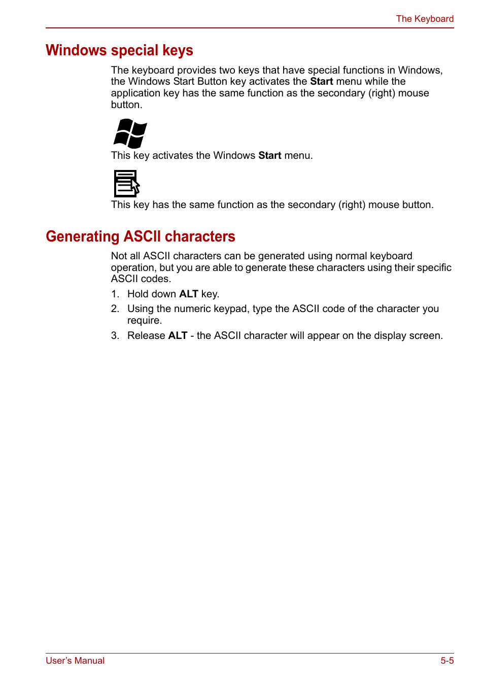 Windows special keys, Generating ascii characters | Toshiba Satellite L750D User Manual | Page 113 / 179