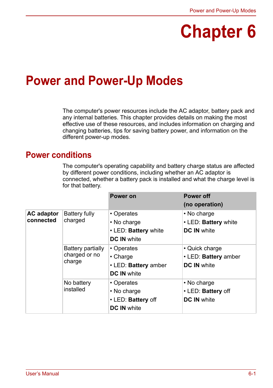 Chapter 6: power and power-up modes, Power conditions, Chapter 6 | Power and power-up modes, Power conditions -1, Power, And power-up modes, Power and power-up, Modes | Toshiba Satellite L750D User Manual | Page 114 / 179