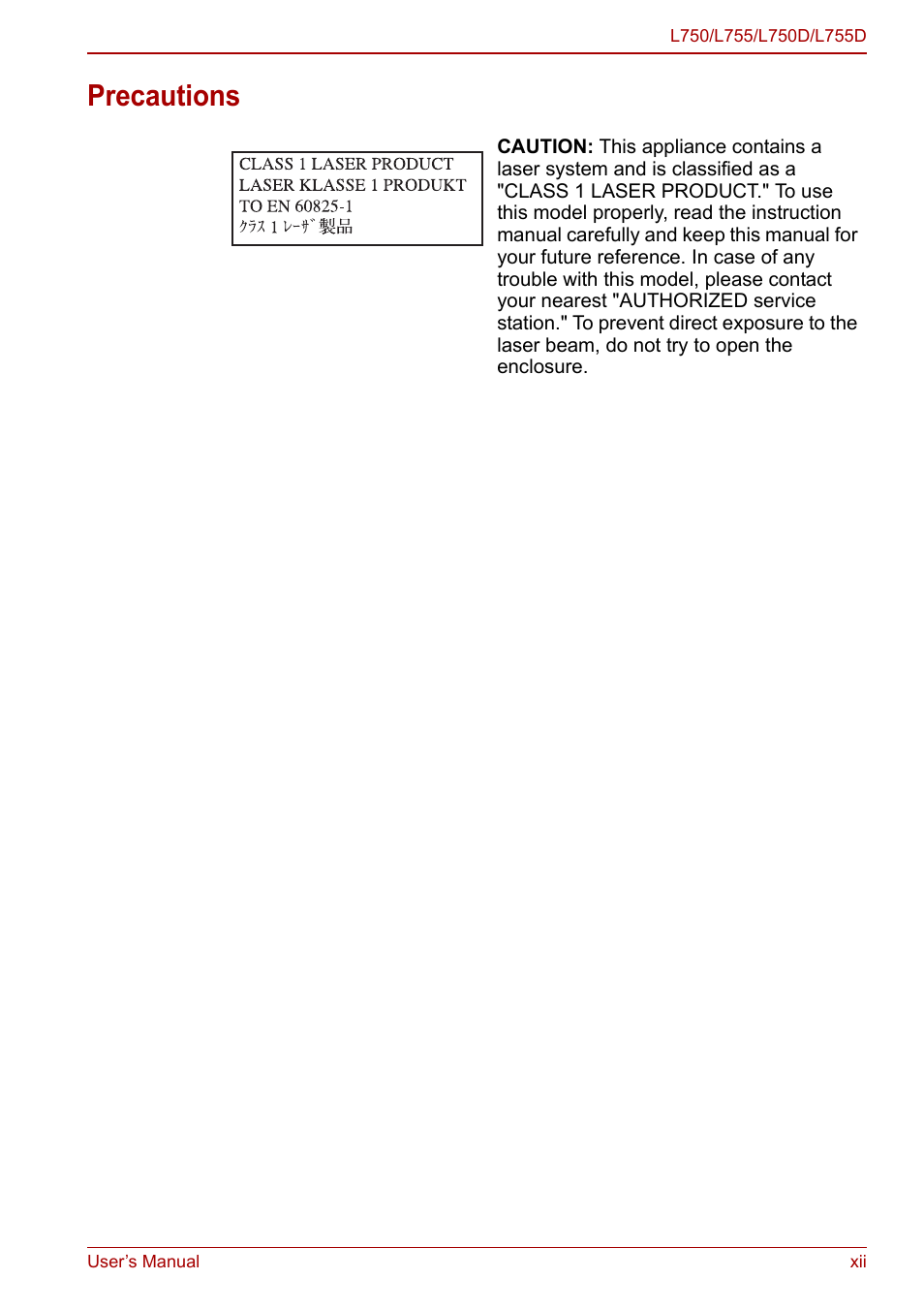 Precautions | Toshiba Satellite L750D User Manual | Page 12 / 179