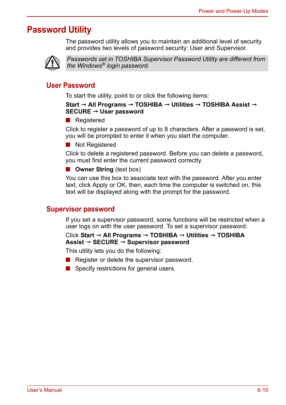 Password utility, Password utility -10, User password | Supervisor password | Toshiba Satellite L750D User Manual | Page 123 / 179