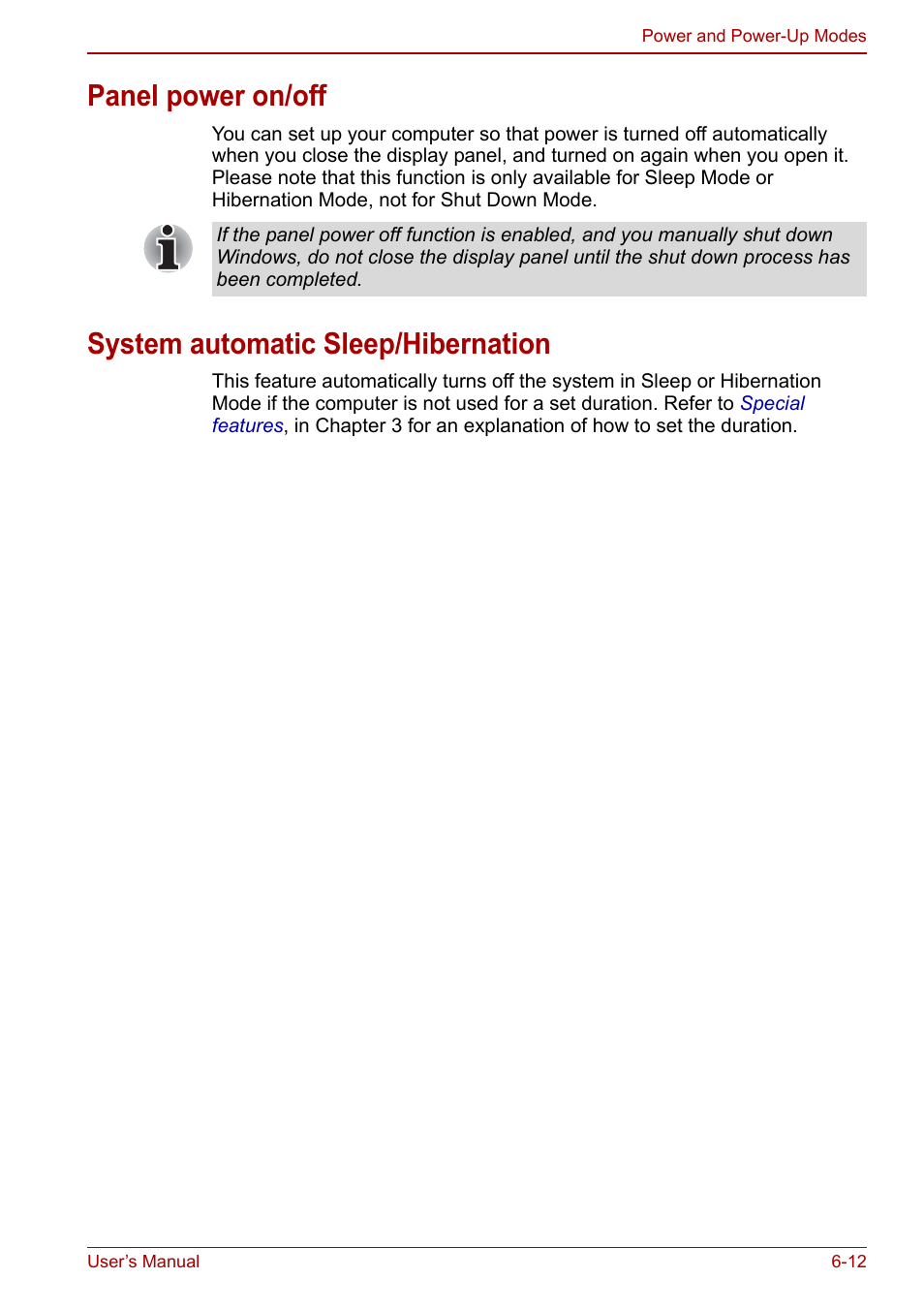 Panel power on/off, System automatic sleep/hibernation | Toshiba Satellite L750D User Manual | Page 125 / 179