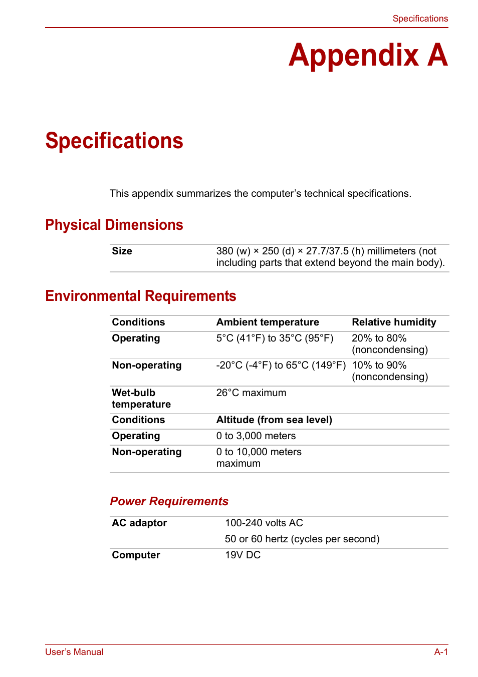 Appendix a: specifications, Appendix a, Specifications | Physical dimensions environmental requirements | Toshiba Satellite L750D User Manual | Page 150 / 179