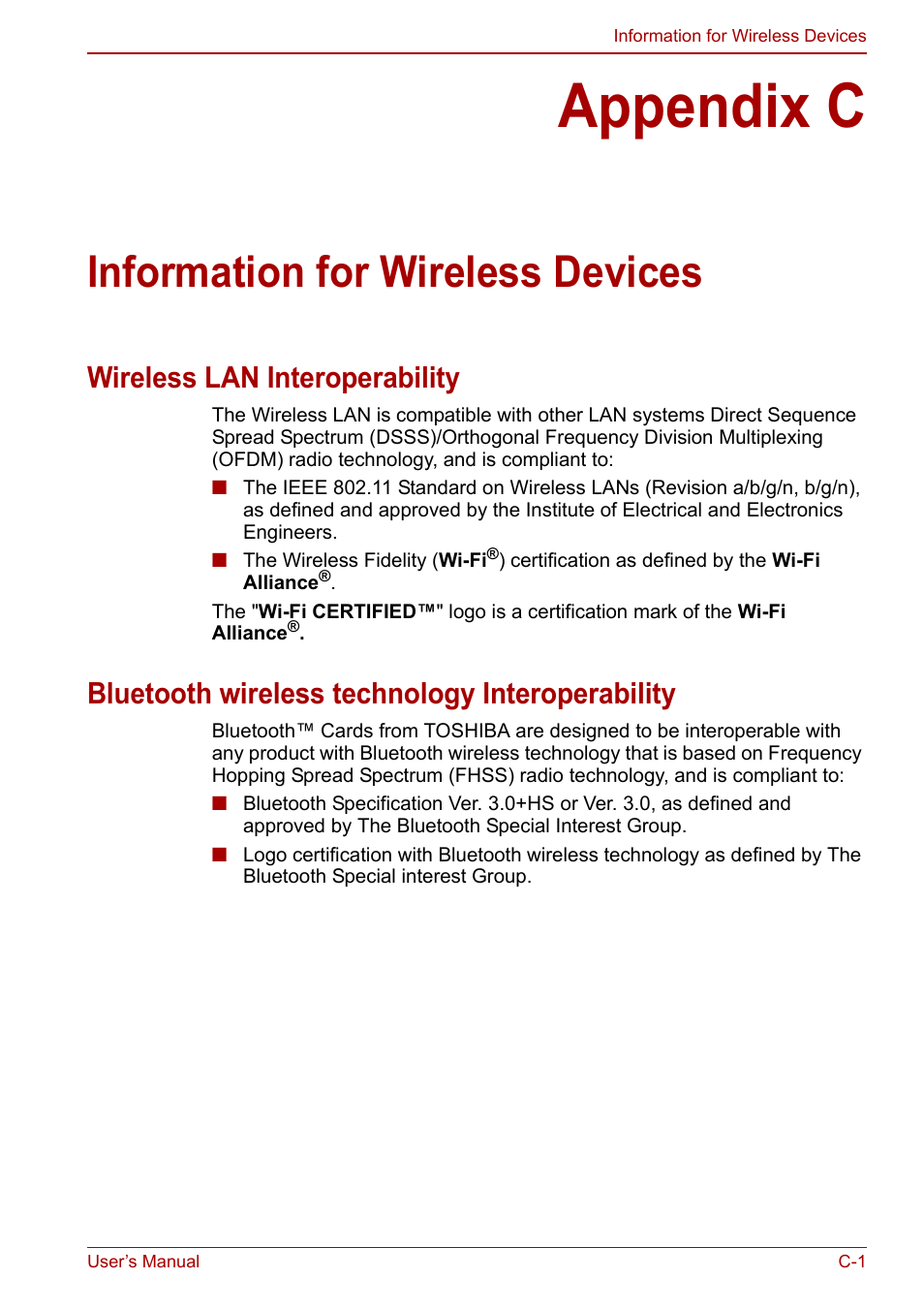 Appendix c: information for wireless devices, Appendix c, Information for wireless devices | Wireless lan interoperability, Bluetooth wireless technology interoperability | Toshiba Satellite L750D User Manual | Page 152 / 179