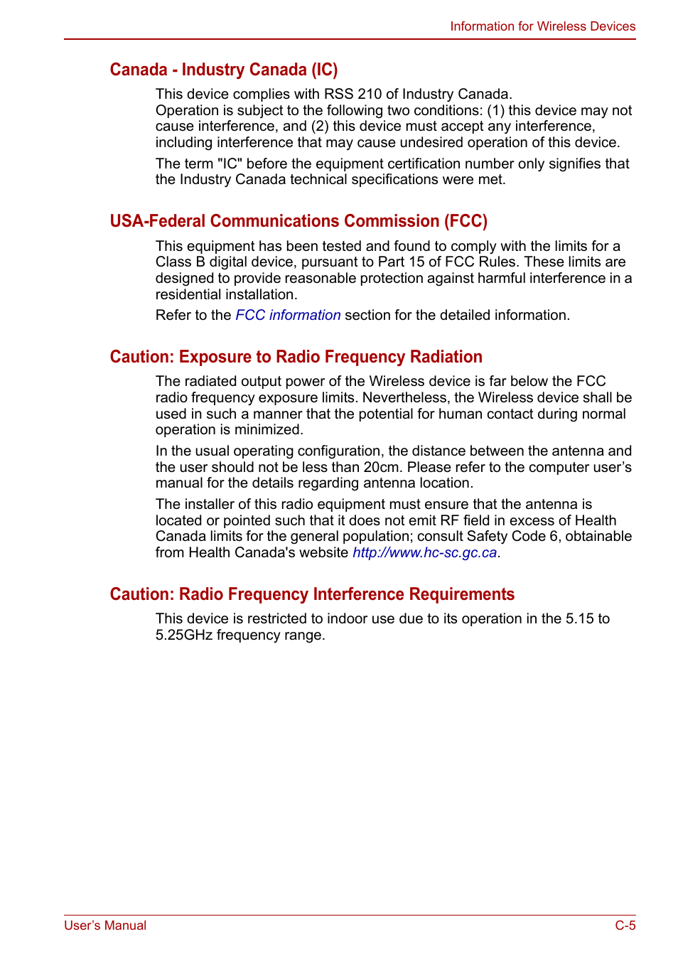 Canada - industry canada (ic), Usa-federal communications commission (fcc), Caution: exposure to radio frequency radiation | Caution: radio frequency interference requirements | Toshiba Satellite L750D User Manual | Page 156 / 179