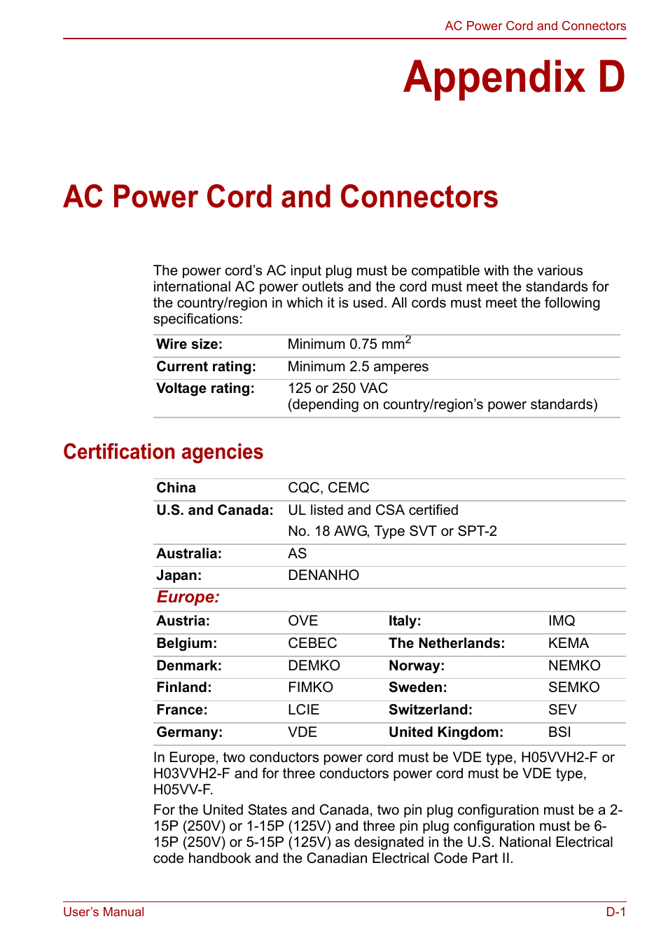 Appendix d: ac power cord and connectors, Appendix d, Ac power cord and connectors | Certification agencies | Toshiba Satellite L750D User Manual | Page 164 / 179