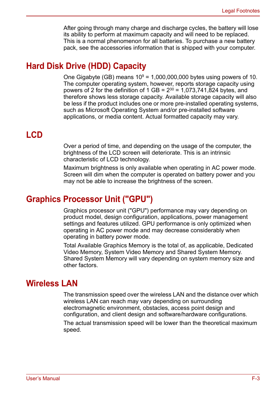 Hard disk drive (hdd) capacity, Graphics processor unit ("gpu"), Wireless lan | Toshiba Satellite L750D User Manual | Page 170 / 179