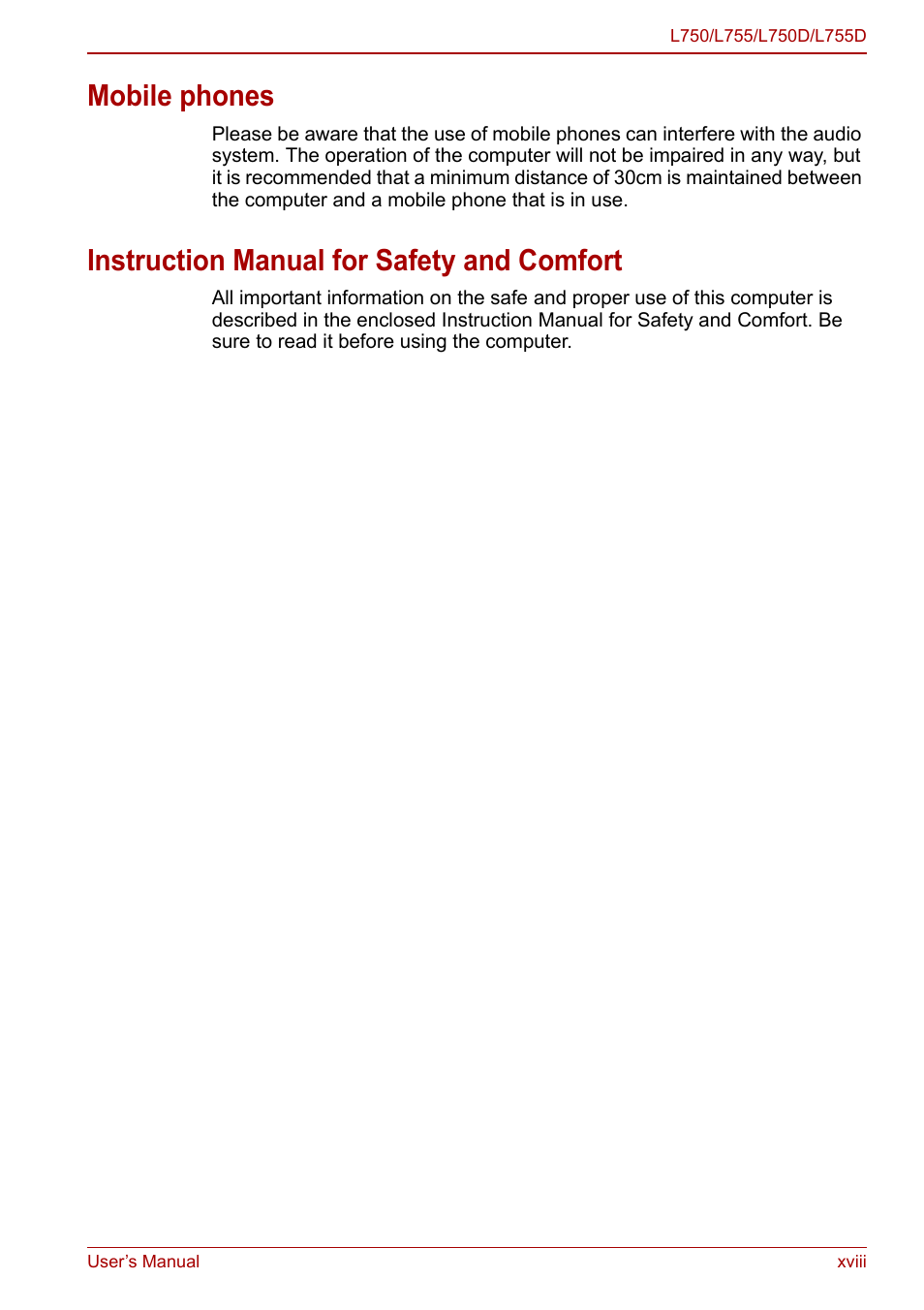 Mobile phones, Instruction manual for safety and comfort | Toshiba Satellite L750D User Manual | Page 18 / 179