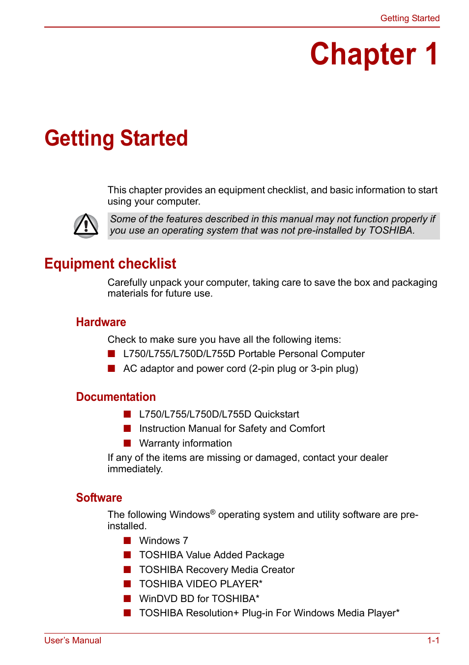 Chapter 1: getting started, Equipment checklist, Chapter 1 | Getting started, Equipment checklist -1 | Toshiba Satellite L750D User Manual | Page 19 / 179