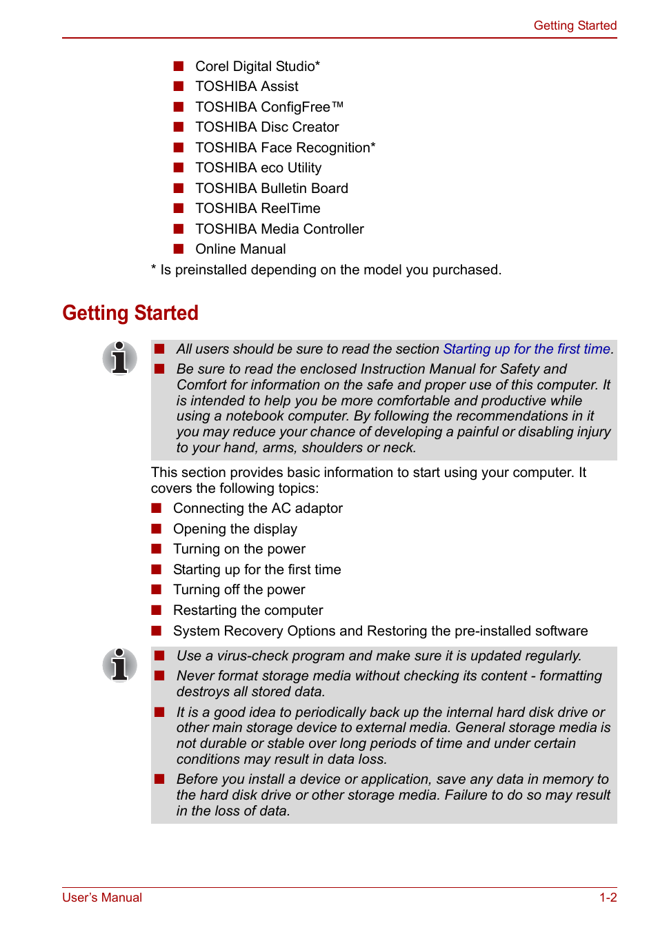 Getting started, Getting started -2, First read over chapter 1 | Toshiba Satellite L750D User Manual | Page 20 / 179