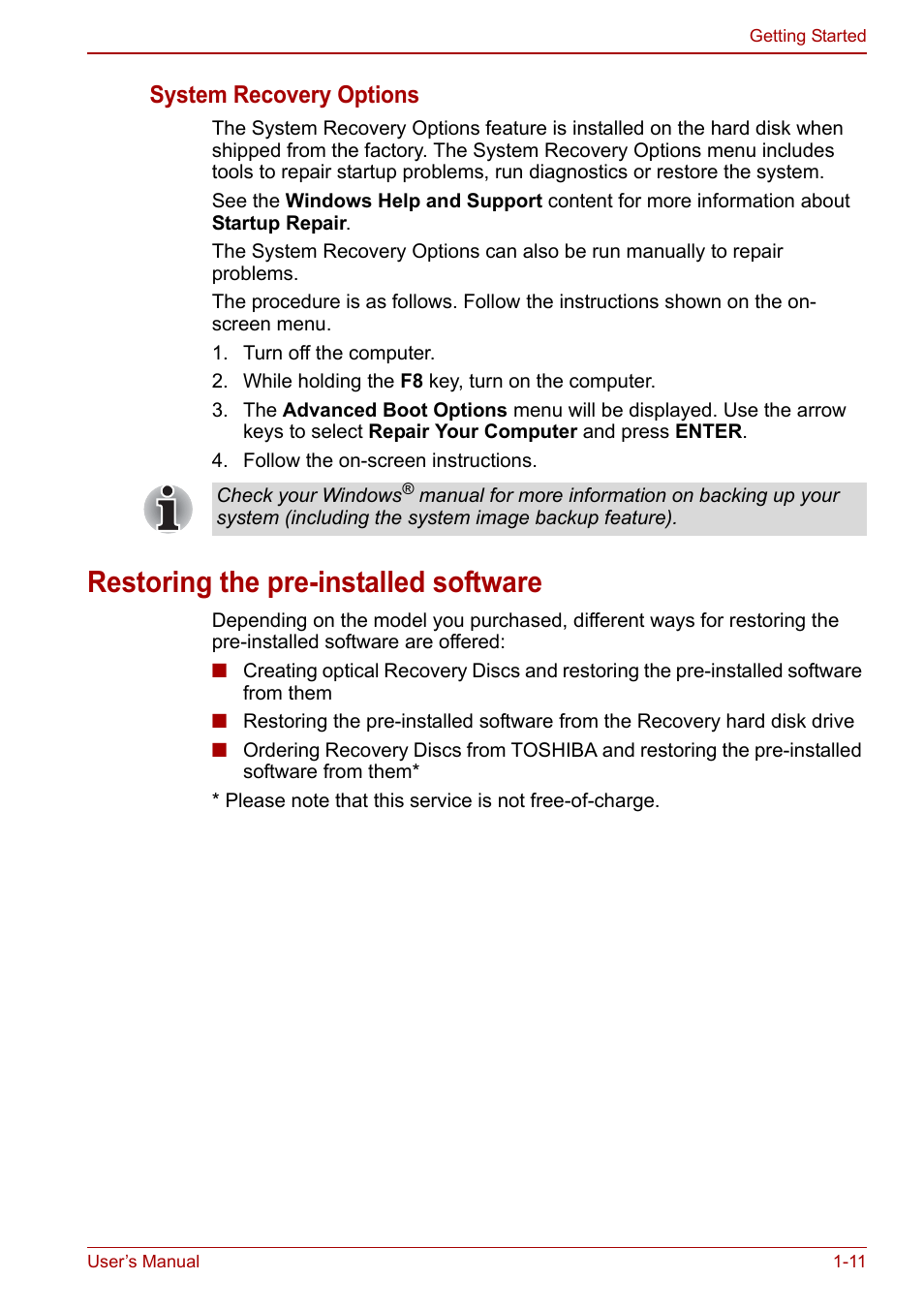 Restoring the pre-installed software, Restoring the pre-installed software -11, System recovery options | Toshiba Satellite L750D User Manual | Page 29 / 179