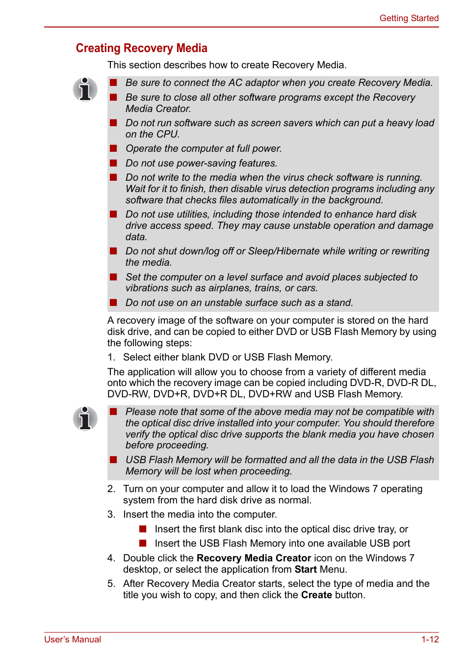 Creating recovery media | Toshiba Satellite L750D User Manual | Page 30 / 179