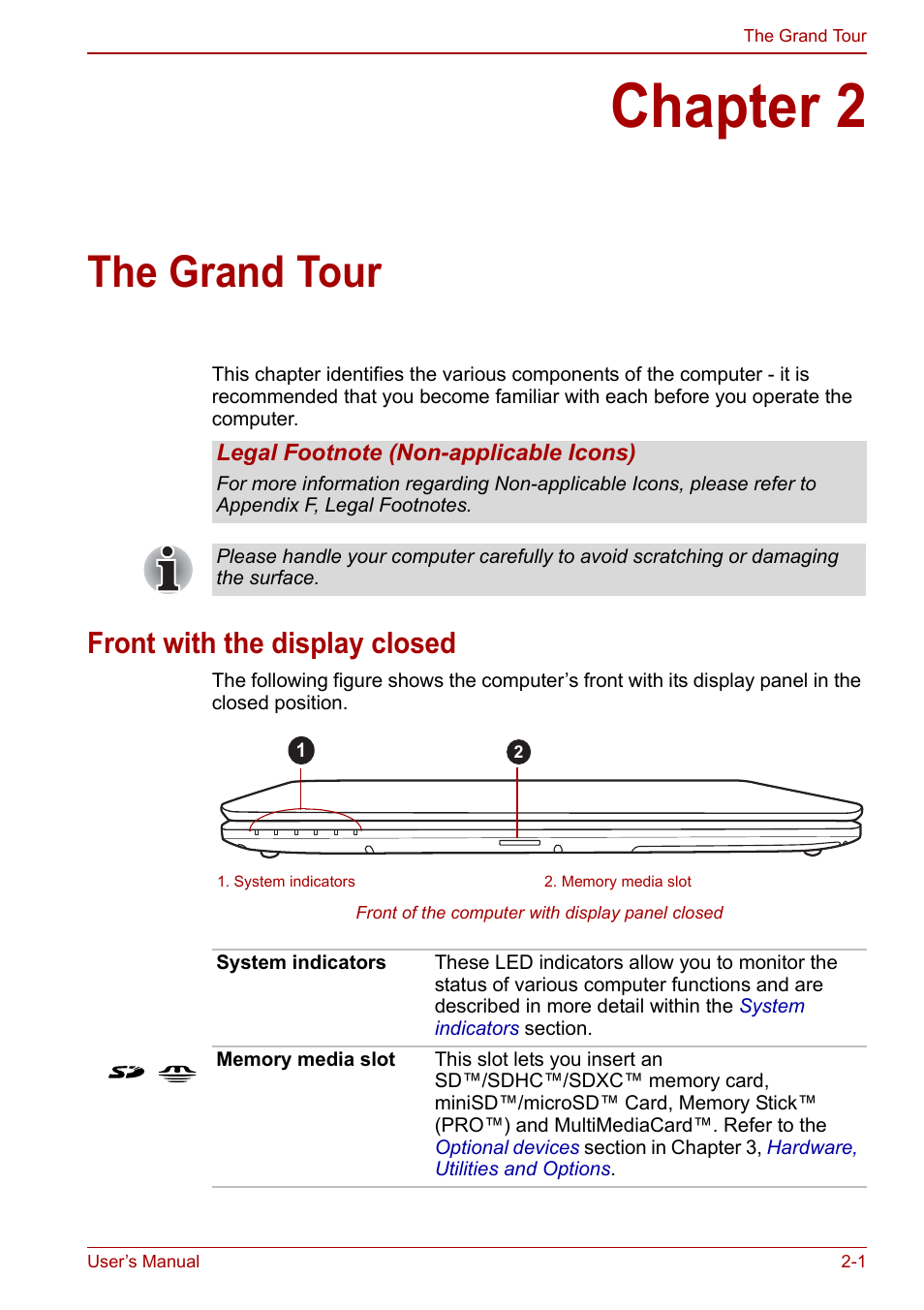 Chapter 2: the grand tour, Front with the display closed, Chapter 2 | The grand tour, Front with the display closed -1 | Toshiba Satellite L750D User Manual | Page 33 / 179