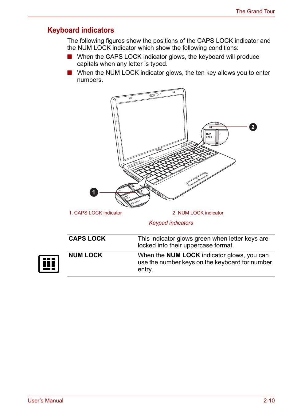 Keyboard indicators | Toshiba Satellite L750D User Manual | Page 42 / 179