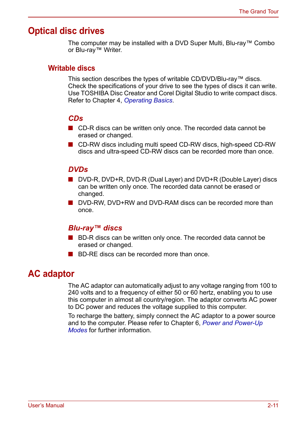 Optical disc drives, Ac adaptor, Optical disc drives -11 ac adaptor -11 | Toshiba Satellite L750D User Manual | Page 43 / 179